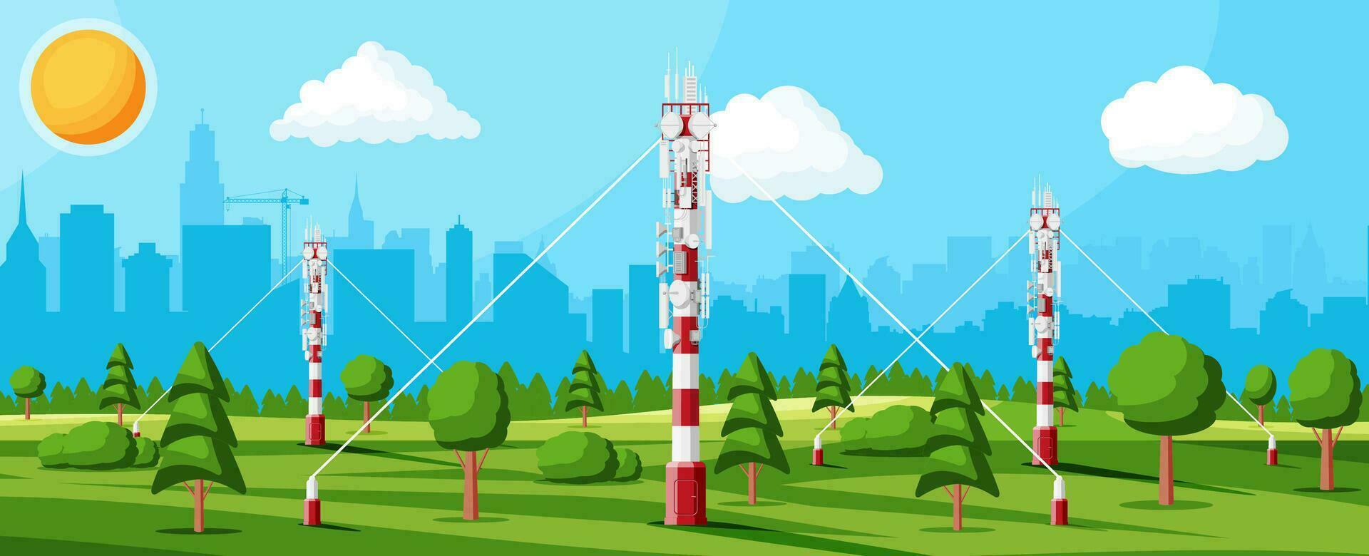 Transmission Cellular Tower Antenna Landscape. Network Broadcast Equipment Isolated. Broadcasting, Internet, Television Cell Station. 4G 5G. Satellite Communication Antenna. Flat Vector Illustration
