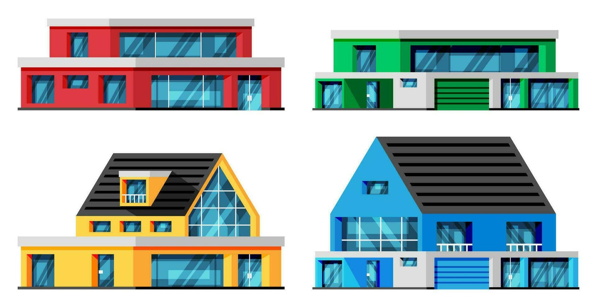 conjunto de moderno energía eficiente edificio. exterior o fachada de pequeño ciudad departamento. urbano pasado de moda residencial ladrillo edificio. suburbano vivo casas con balcones plano vector ilustración