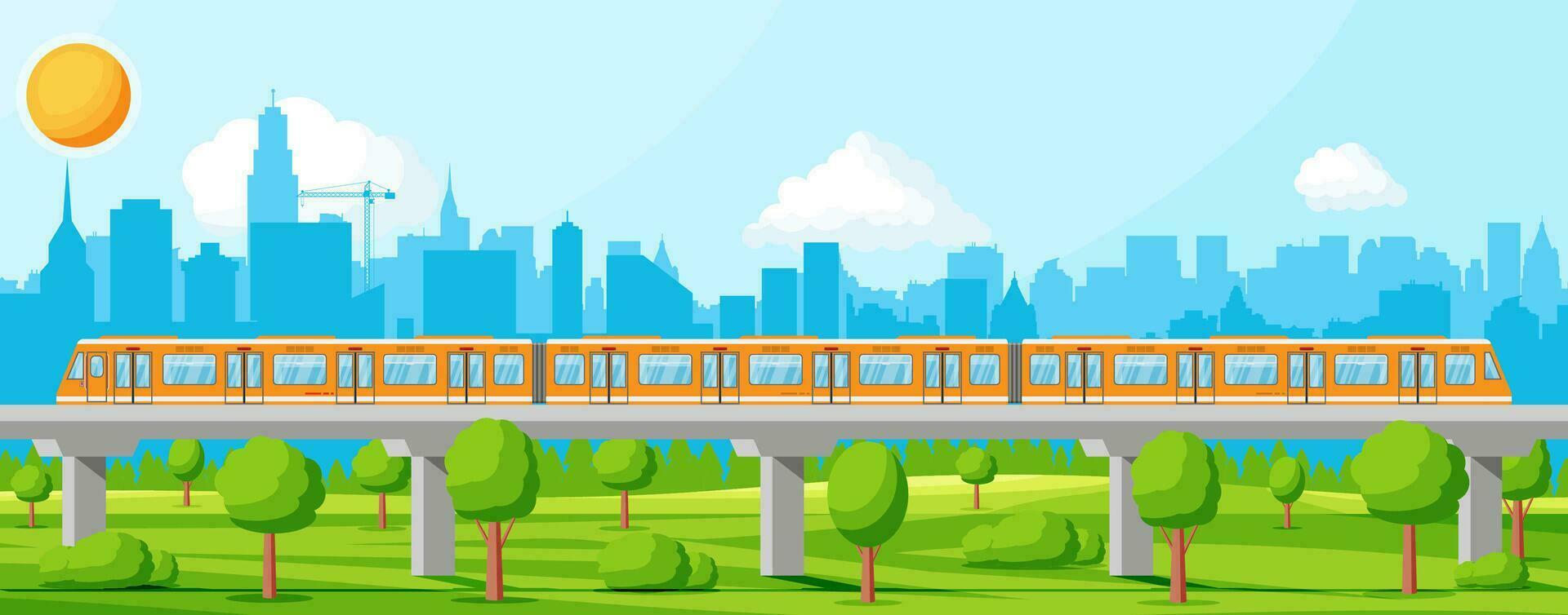 Skytrain y paisaje con paisaje urbano súper simplificado tren. pasajero Rápido ferrocarril locomotora. monocarril ferrocarril público transporte. rápido transporte subterraneo. plano vector ilustración