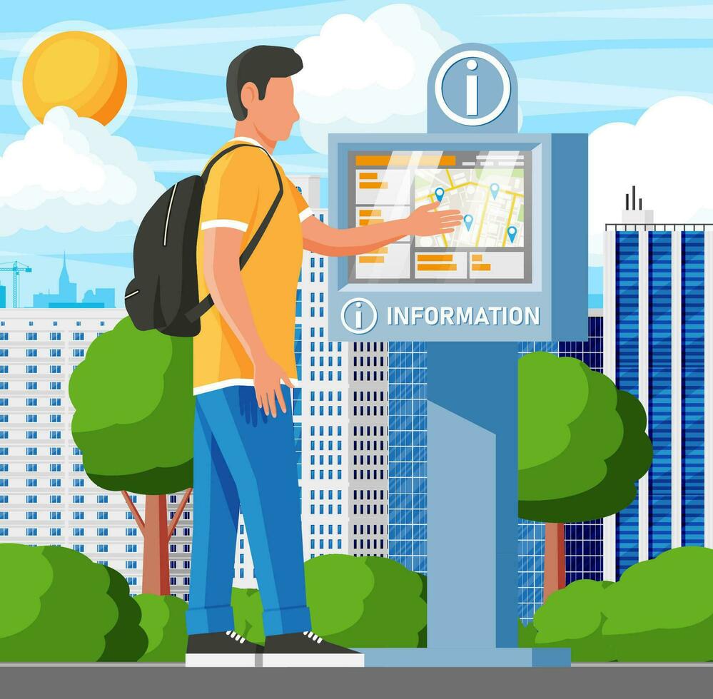 Information Kiosk and Man and Cityscape. Sign Digital Information Panel. Street Interactive Touchscreen Kiosk. Help Digital Board Interface or Payment Terminal. Cartoon Flat Vector Illustration