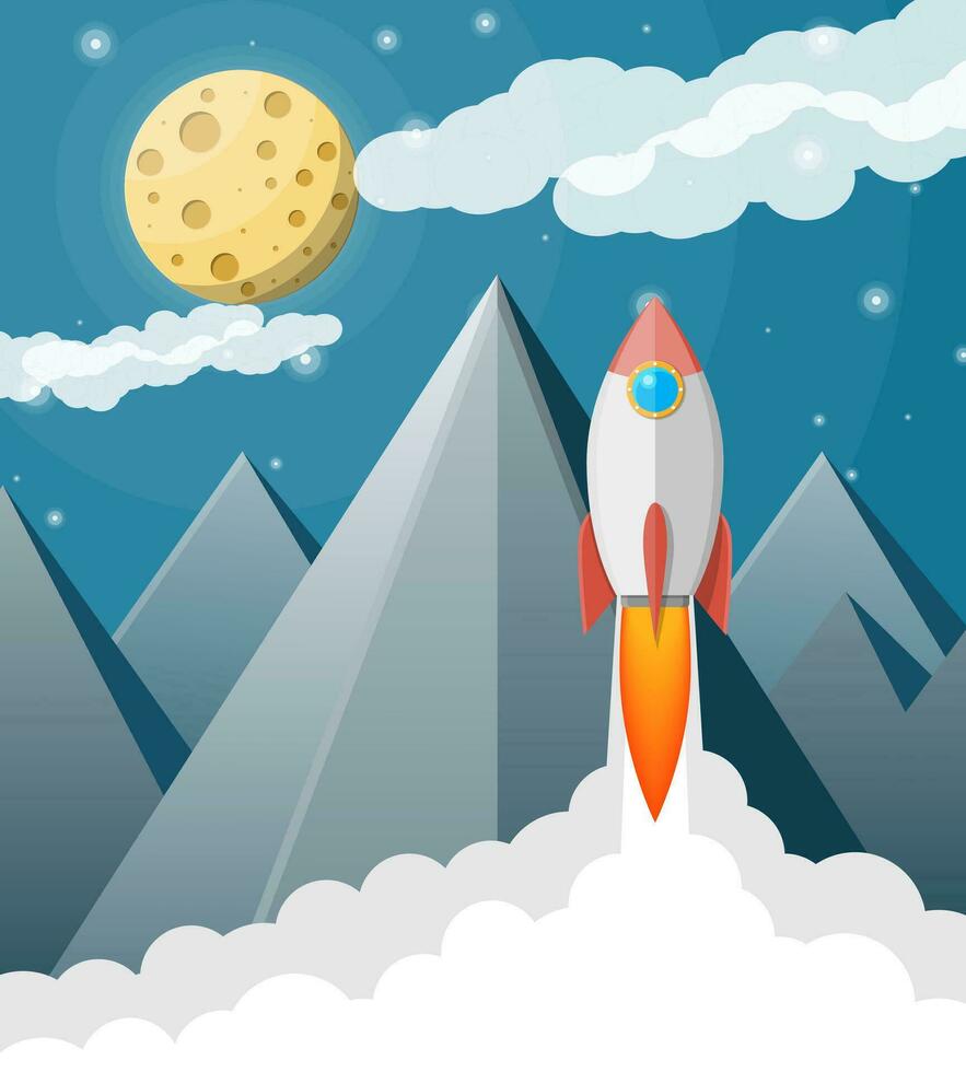 Cartoon rocket in the sky. Space ship take off. Business startup concept. Full moon in night sky with stars and mountains. Astronomy, science, nature. Space exploration. Vector illustration flat style