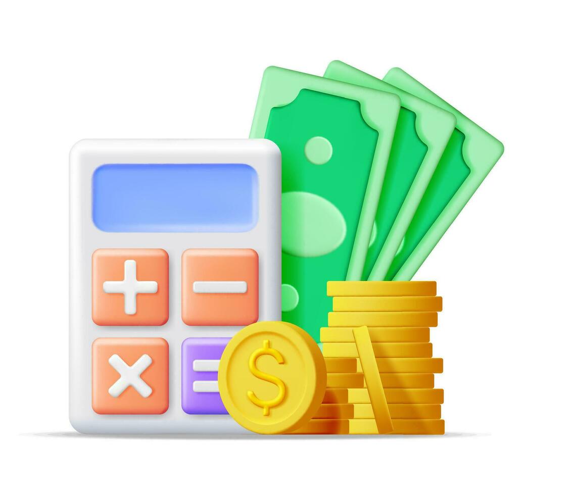 3D Modern Calculator with Golden Coins and Bills Isolated. Mathematics. Financial Math Device with Money. Counting Budget and Savings Concept. Cash and Taxes, Financial Management. Vector Illustration
