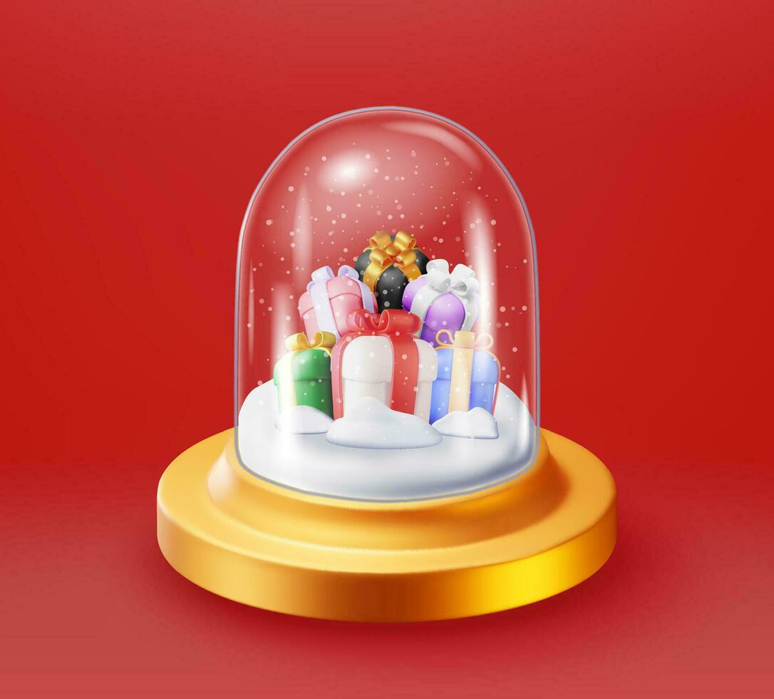 3D Glass Christmas Snow Globe with Gift Boxes Isolated. Render Sphere Podium with Presents. New Year Decoration. Merry Christmas Holiday. Xmas Celebration. Realistic Vector Illustration