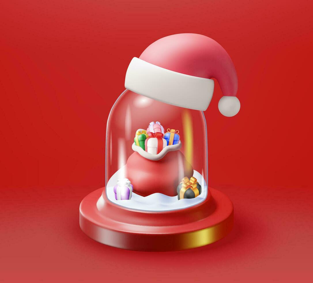 3D Glass Christmas Snow Globe with Gift Boxes Isolated. Render Sphere Podium with Presents. New Year Decoration. Merry Christmas Holiday. Xmas Celebration. Realistic Vector Illustration