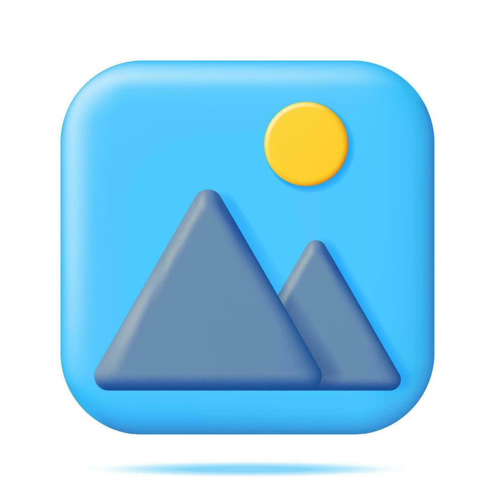 3D Gallery Icon Isolated. Minimal Mountains with Sun Under Blue Sky. Cartoon Render Photo Icon. App Image File. JPG Photo Symbol. Simple Geometric Elements Design. Vector Illustration