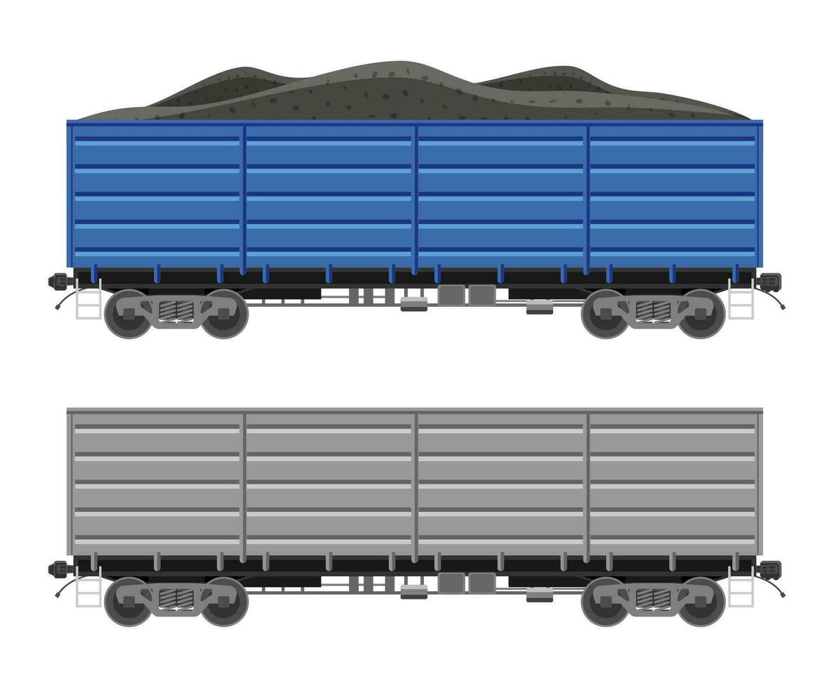 carga ferrocarril coche aislado en blanco antecedentes. carga furgón vagón con carbón. vagón plano parte de carga tren. ferrocarril transporte. plano vector ilustración