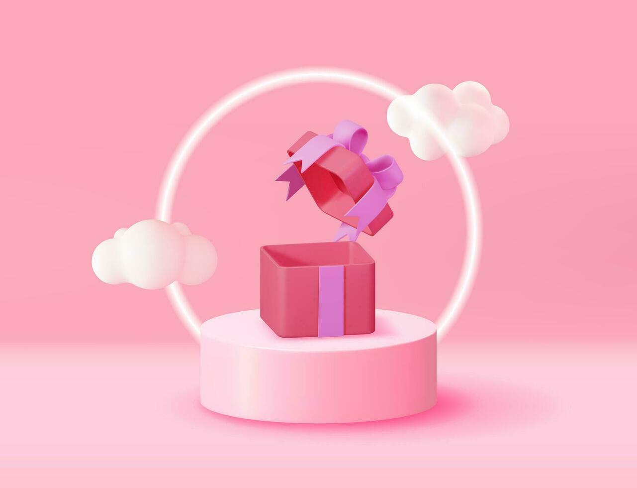 3D Pink Podium with Gift Box and Fluffy Cloud. Render Stage Mockup. Platform with Cartoon Clouds. Valentine Day, Birthday Card, Product Display Presentation Advertisement. Vector Illustration