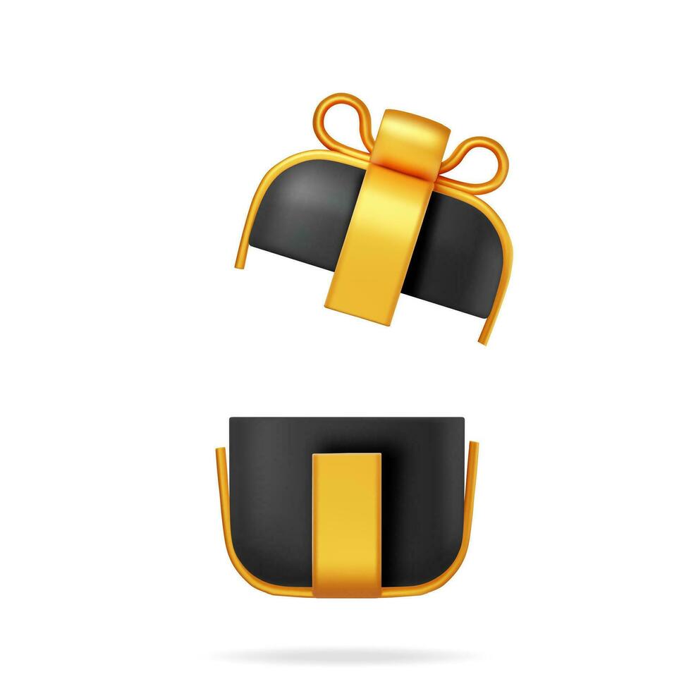 3D Black Gift Box with Gold Bow Isolated on White. Render Luxury Wrapped Box. Christmas. New, Year, Sale, Shopping. Present Box Giftbox for Black Friday, Birthday and Holiday. Vector Illustration