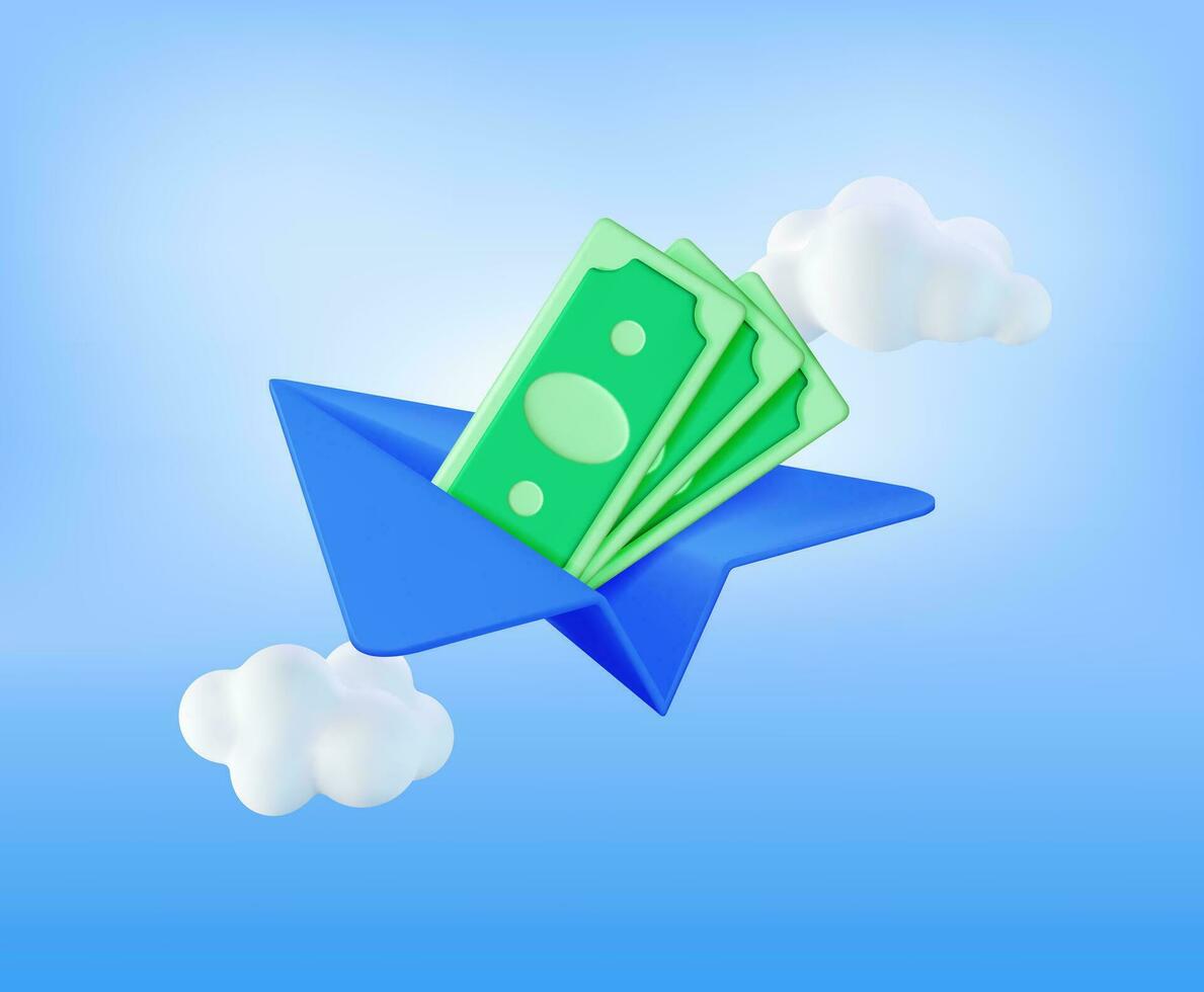 3D Paper Plane with Dollar Banknotes Inside. Render Paper Airplane with