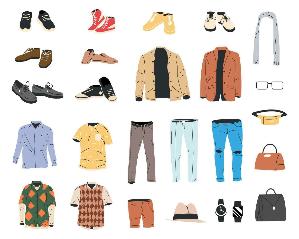 colección de hombre armario. conjunto de masculino ropa y accesorios iconos varios hombres ropa. chaqueta, zapatos, camisa, pantalones, relojes, los anteojos, sombrero. dibujos animados plano vector ilustración