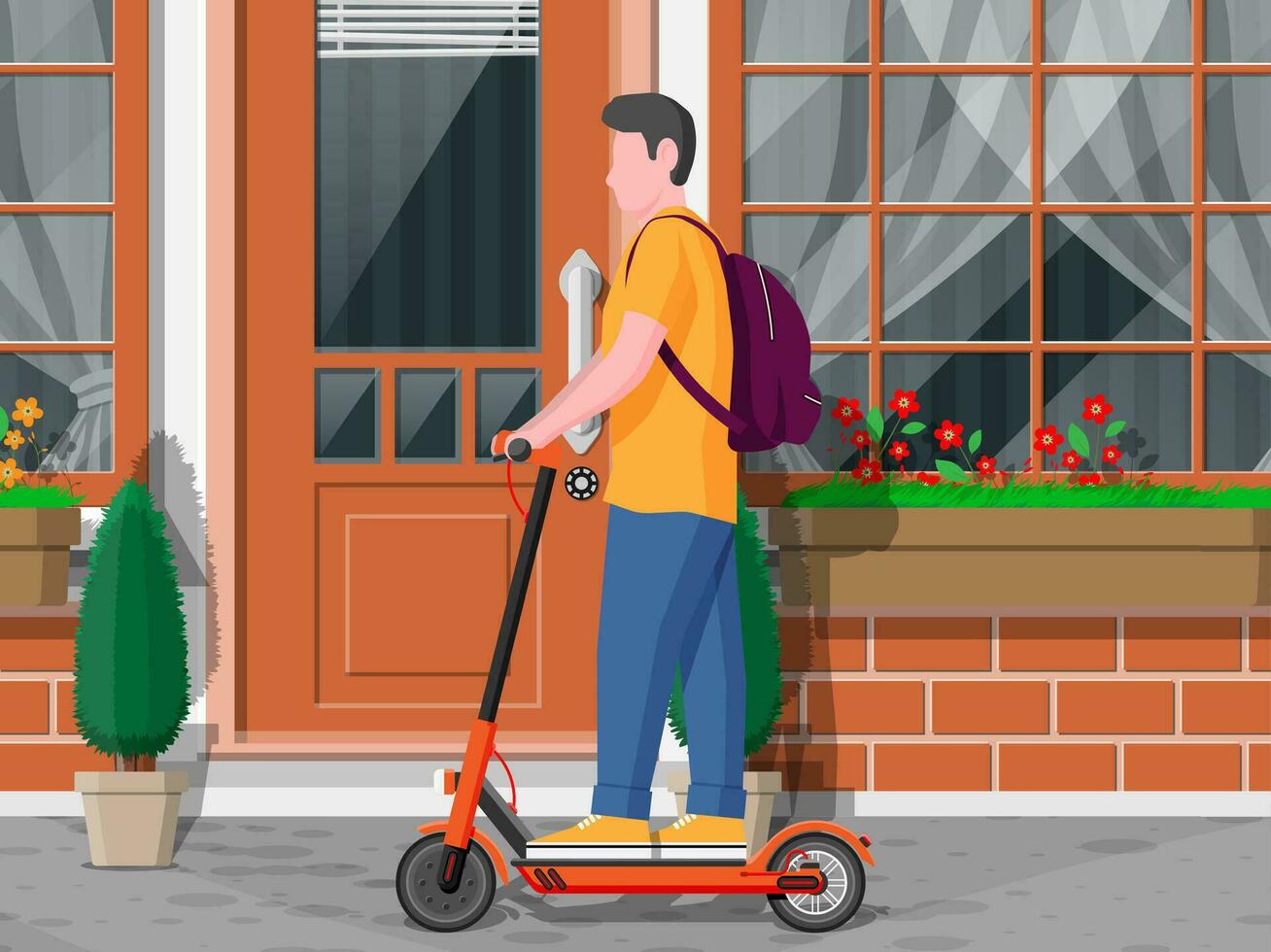 Young man on kick scooter. Guy with backpack rolling on electric scooter. Hipster character uses modern urban transport. Ecological, convenient city transportation. Cartoon flat vector illustration