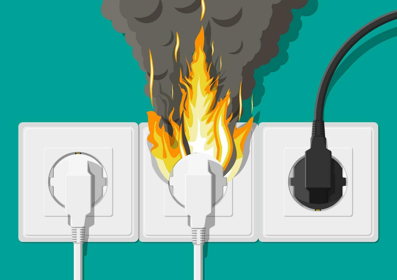 eléctrico toma de corriente con enchufe en fuego. sobrecargar de red. corto circuito. eléctrico la seguridad concepto. pared enchufe en llamas con fumar. vector ilustración en plano estilo