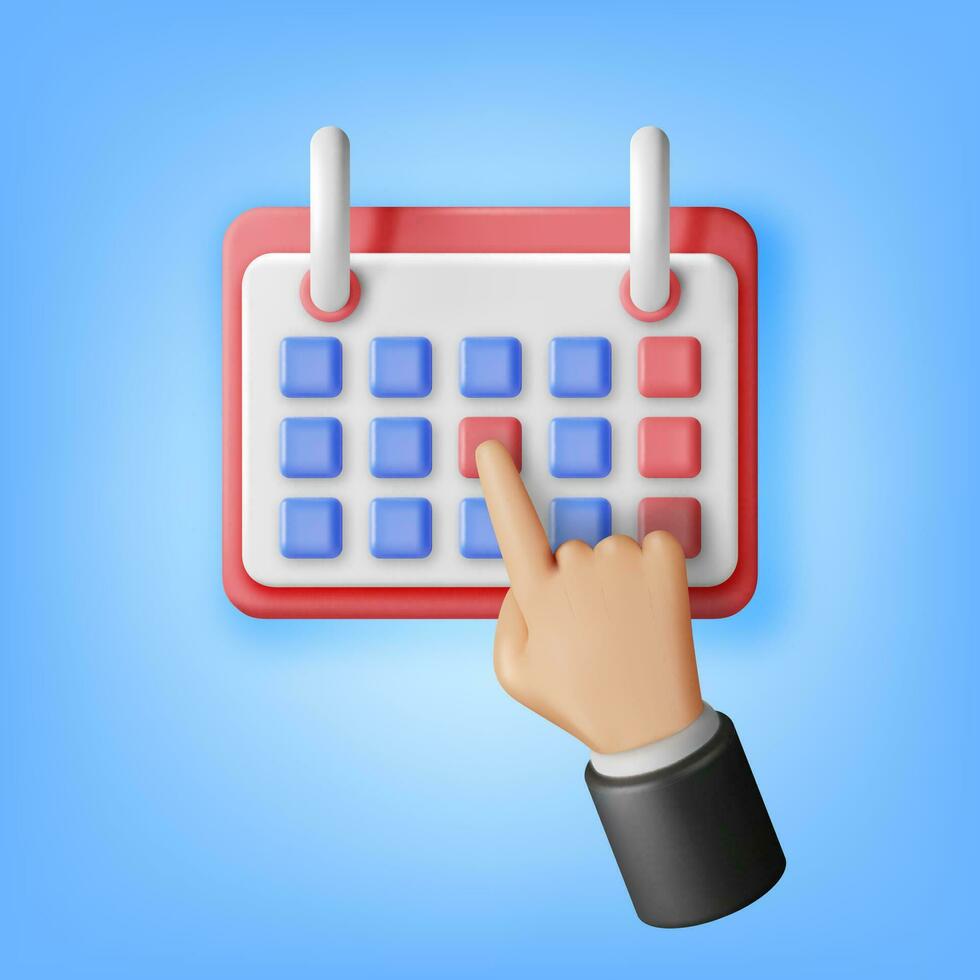 3D Hand Putting on Calendar Isolated. Render Calendar Icon. Schedule, Appointment, Organizer, Timesheet, Important Date. Time Management Concept. Minimal Vector Illustration