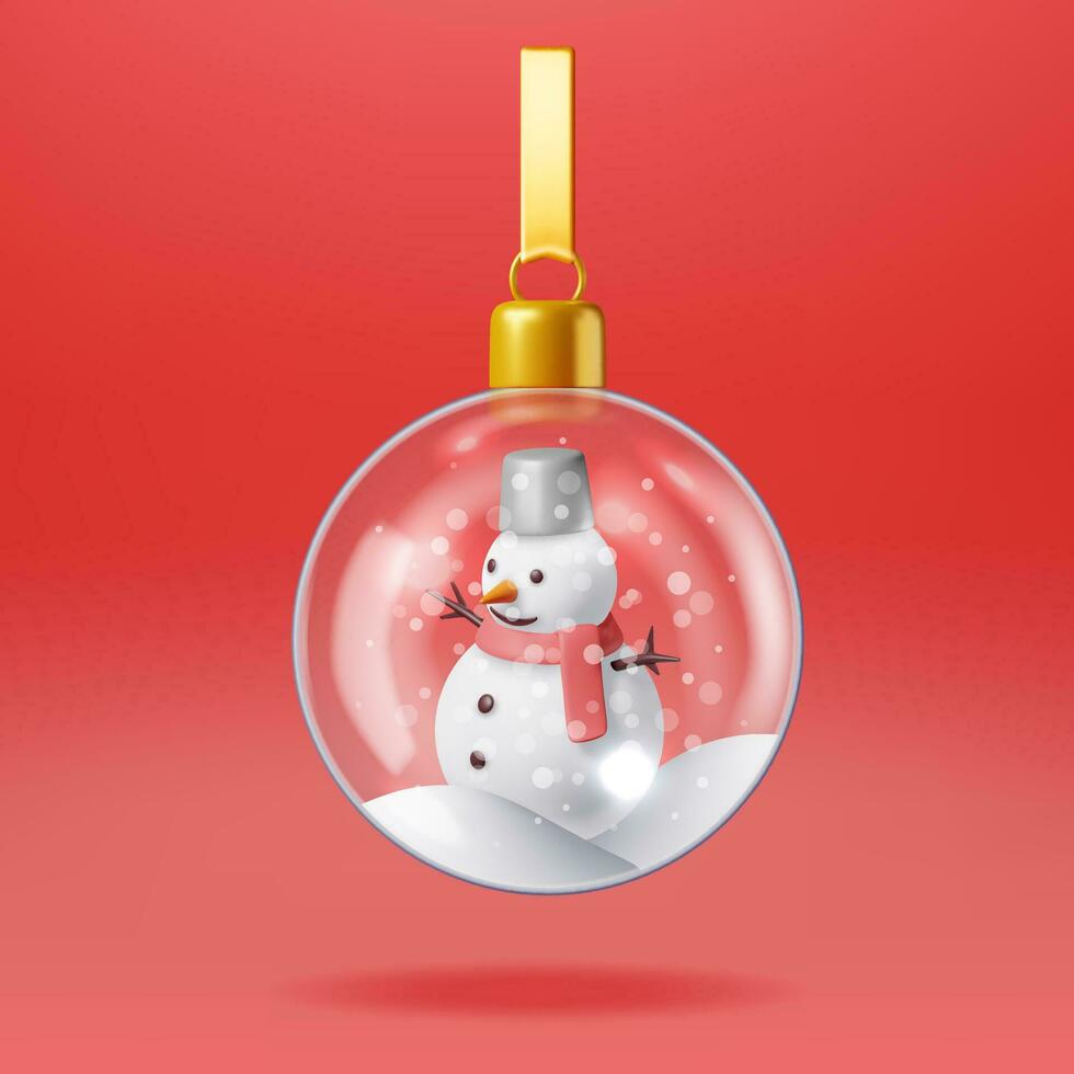 3D Glass Christmas Snow Ball with Snowman Isolated. Render Spere Orb with Snow Man Inside. Happy New Year Decoration. Merry Christmas Holiday. New Year Xmas Celebration. Realistic Vector Illustration