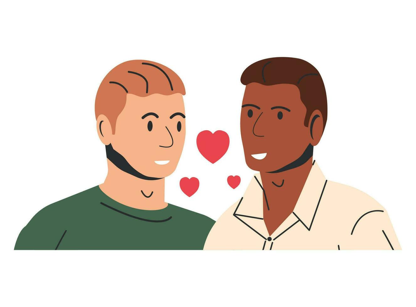 Multiethnic Gay Man Couple Isolated. Young Homosexual Couple Hugging Holding Hands. Two LGBT Male People Embrace and Looking Each Other. LGBT Pride, Gender Identity. Cartoon Flat Vector Illustration