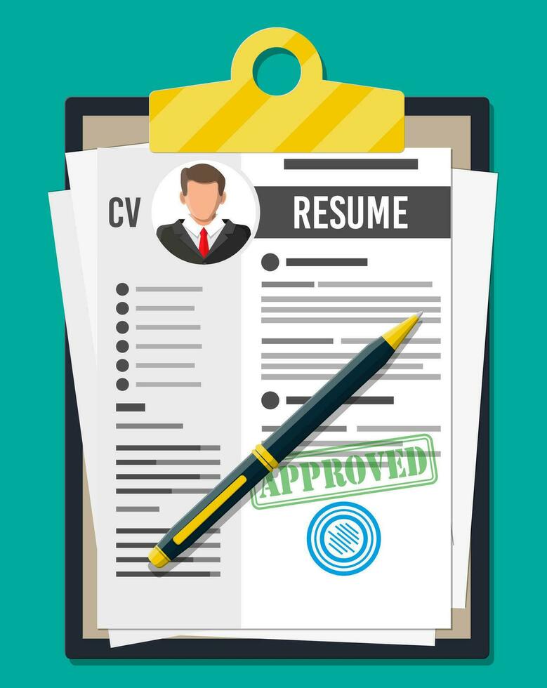 portapapeles con trabajo solicitud y bolígrafo. CV documentos reanudar. trabajo entrevista. humano recursos administración concepto, buscando profesional personal, trabajar. encontró Derecha reanudar. vector ilustración en plano estilo