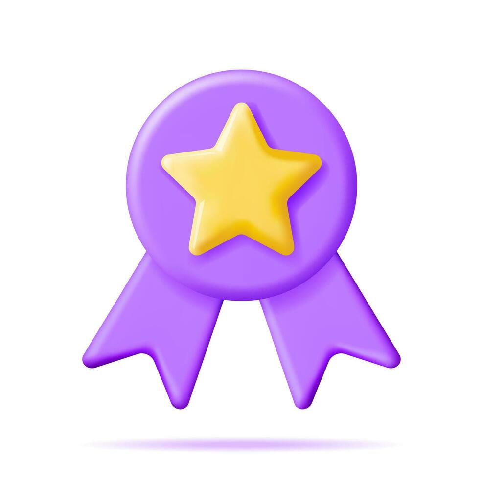 3D Glossy Yellow Star in Purple Circle Shape. Reviews Toy Round Star Realistic Render. Testimonials, Rating, Feedback, Survey, Quality and Review. Achievements or Goal. Vector Illustration