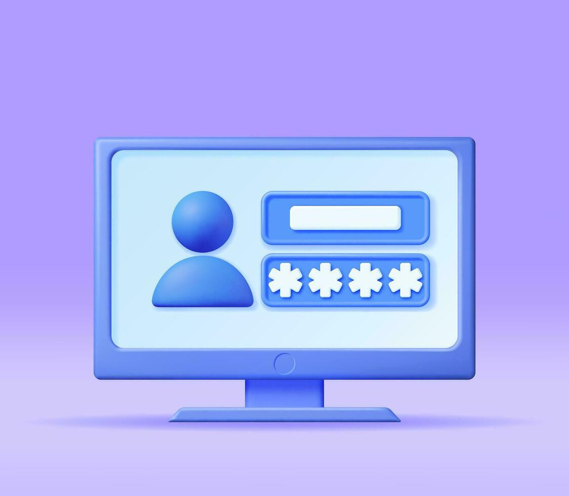 3d usuario iniciar sesión formar página en computadora. hacer contraseña oculto estrellas en firmar en cuenta. computadora datos proteccion, seguridad y confidencialidad seguridad, cifrado y privacidad. vector ilustración