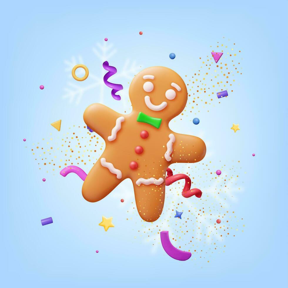 3D Holiday Gingerbread Man Cookie and Confetti. Render Cookie in Shape of Man with Colored Icing. Happy New Year Decoration. Merry Christmas Holiday. New Year Xmas Celebration. Vector illustration