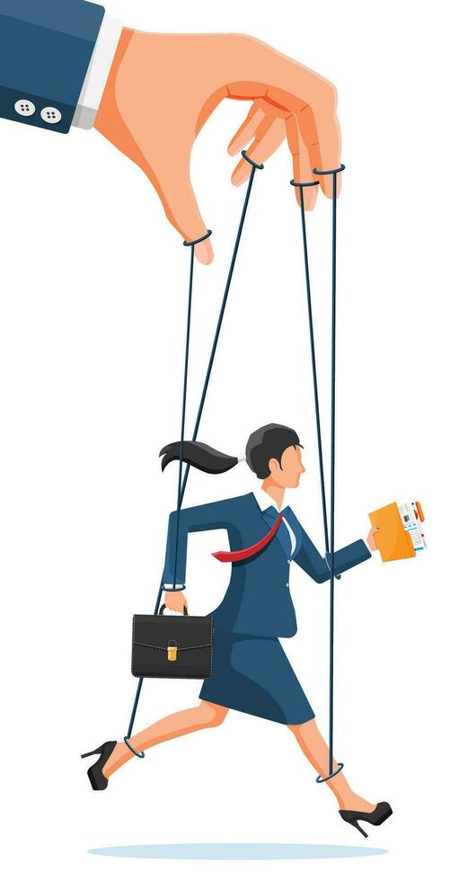 Businesswoman marionette is hanging on ropes. Hand of puppeteer holding business woman on leash. Puppet doll worker, abuse of power, manipulation. Vector illustration in flat style