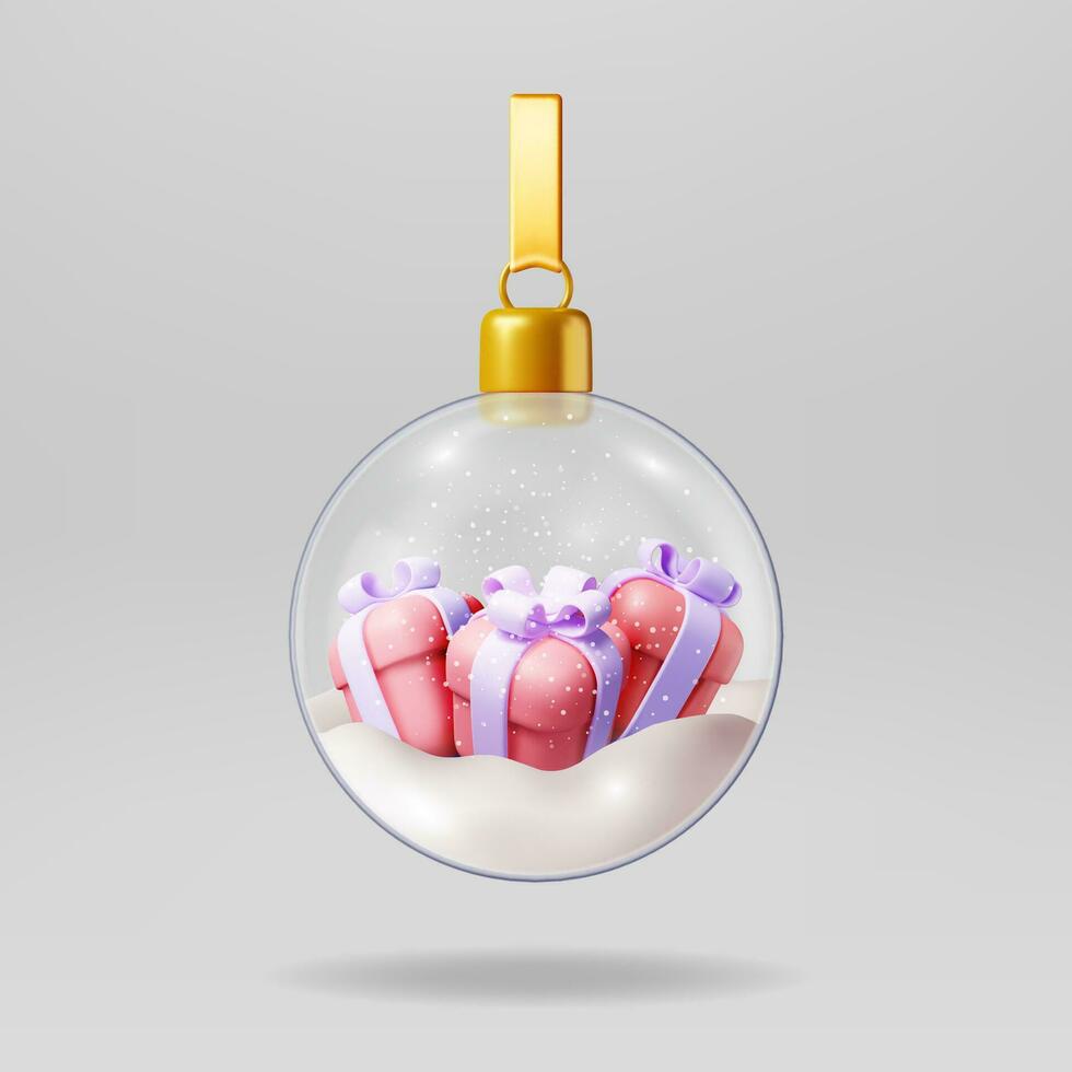 3D Glass Christmas Snow Ball with Gift Boxes Isolated. Render Present Snow Spere Orb. Happy New Year Decoration. Merry Christmas Holiday. New Year Xmas Celebration. Realistic Vector Illustration