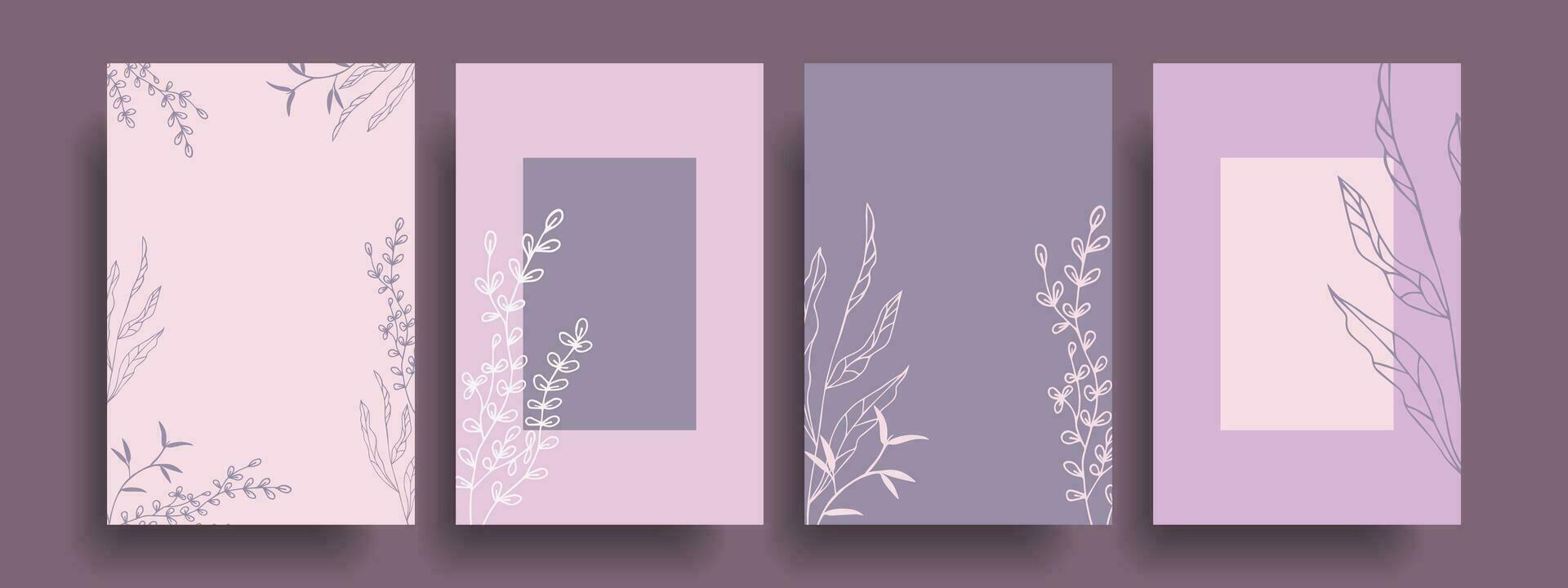 A set of delicate backgrounds with hand-drawn twigs on a lilac background. vector