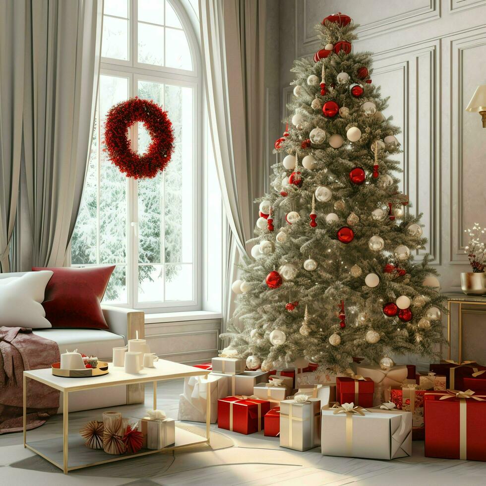 Cosy living room with beautiful christmas tree and red gifts in modern ...