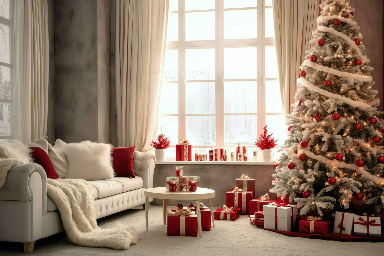 acogedor vivo habitación con hermosa Navidad árbol y rojo regalos en moderno interior. interior de vivo habitación decorado para alegre Navidad con medias, regalo cajas y Navidad accesorios por ai generado foto