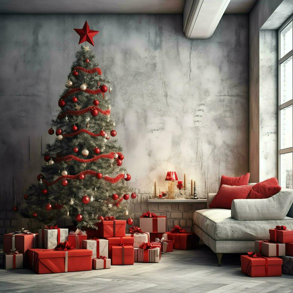 Cosy living room with beautiful christmas tree and red gifts in modern interior. Interior of living room decorated for merry christmas with socks, gift boxes and christmas accessories by AI Generated photo