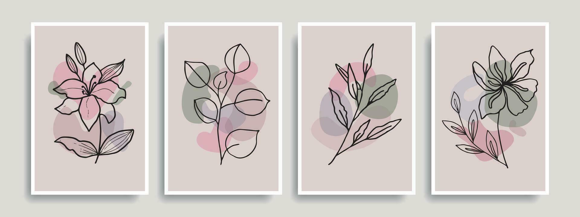 Botanical plant wall art set. Foliage drawing with abstraction. Poster with flowers. vector