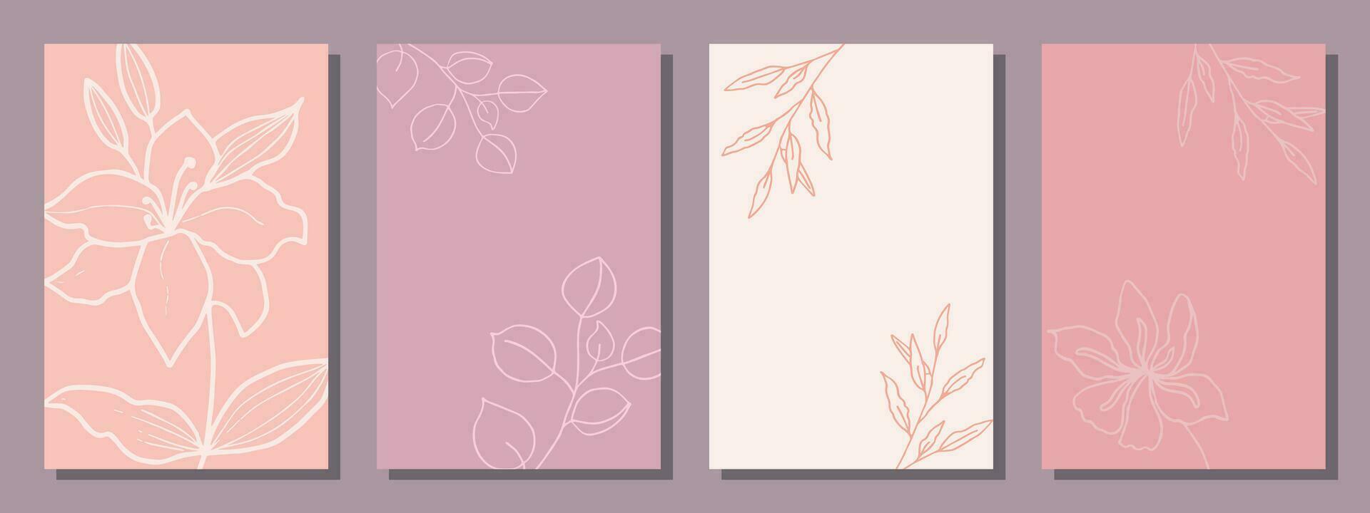 A minimal set of creative universal templates. Hand drawn leaves and flowers in Doodle style. vector