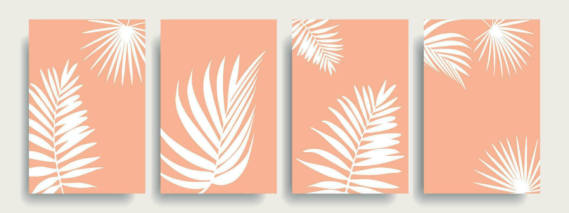 Minimalistic backgrounds with tropical leaves on a peach background. vector