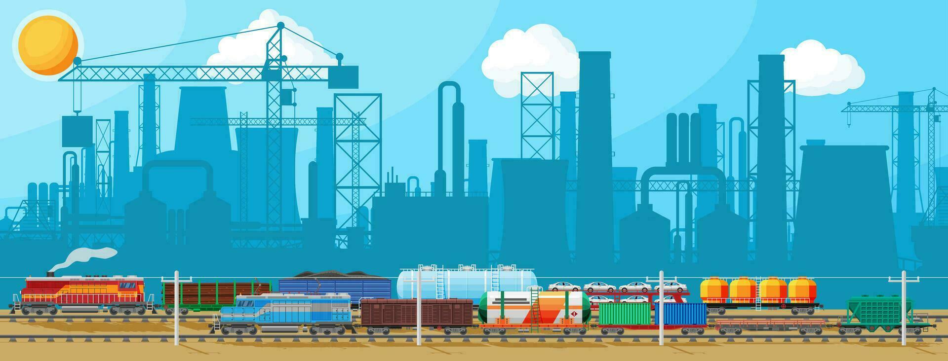 Industrial Landscape of Cargo Rail Transportation with Plant and Fuming Pipes. Factory Building. Pipes, Buildings, Warehouse, Freight Railway Station. Cityscape Urban Skyline. Flat Vector Illustration