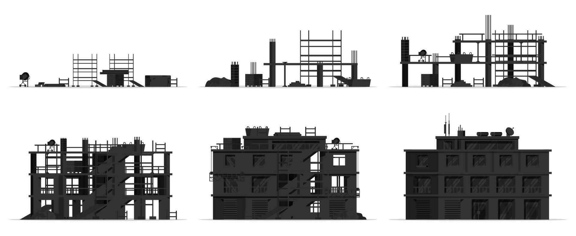 construcción sitio etapas silueta aislado en blanco. diferente etapas de construcción proceso. edificio debajo casa. edificio actividad en diferente niveles dibujos animados plano vector ilustración