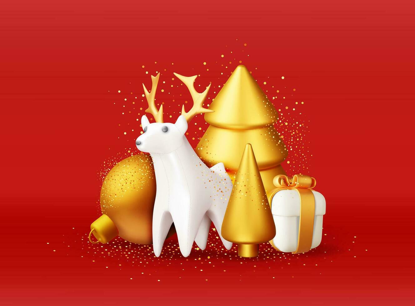 3D Deer with Golden Horns and Gold Christmas Tree. Render Happy New Year Decoration Banner. Merry Christmas Holiday. New Year and Xmas Celebration. Realistic Vector Illustration