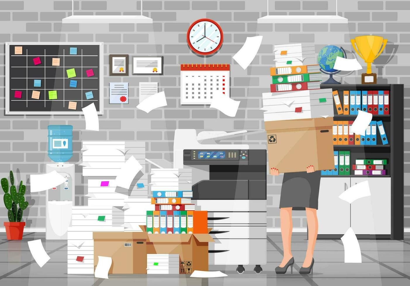 Business woman character in office in bunch of papers. Tired businesswoman or office worker on workplace. Stress at work. Bureaucracy, paperwork, deadline. Vector illustration in flat style