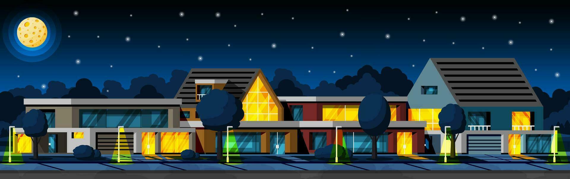 Landscape with Village or Town in Night. Countryside Building Exterior. Facade with Trees and Garden at Front Yard. Modern Suburban House. Real Estate Concept. Cartoon Flat Vector Illustration