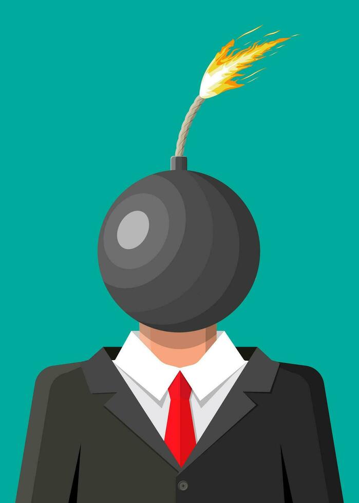 Stressed out businessman with head of bomb. Overworked exhausted man with burning brain. Person burnt by work. Emotional stress. Man in suit with burning head. Vector illustration in flat style