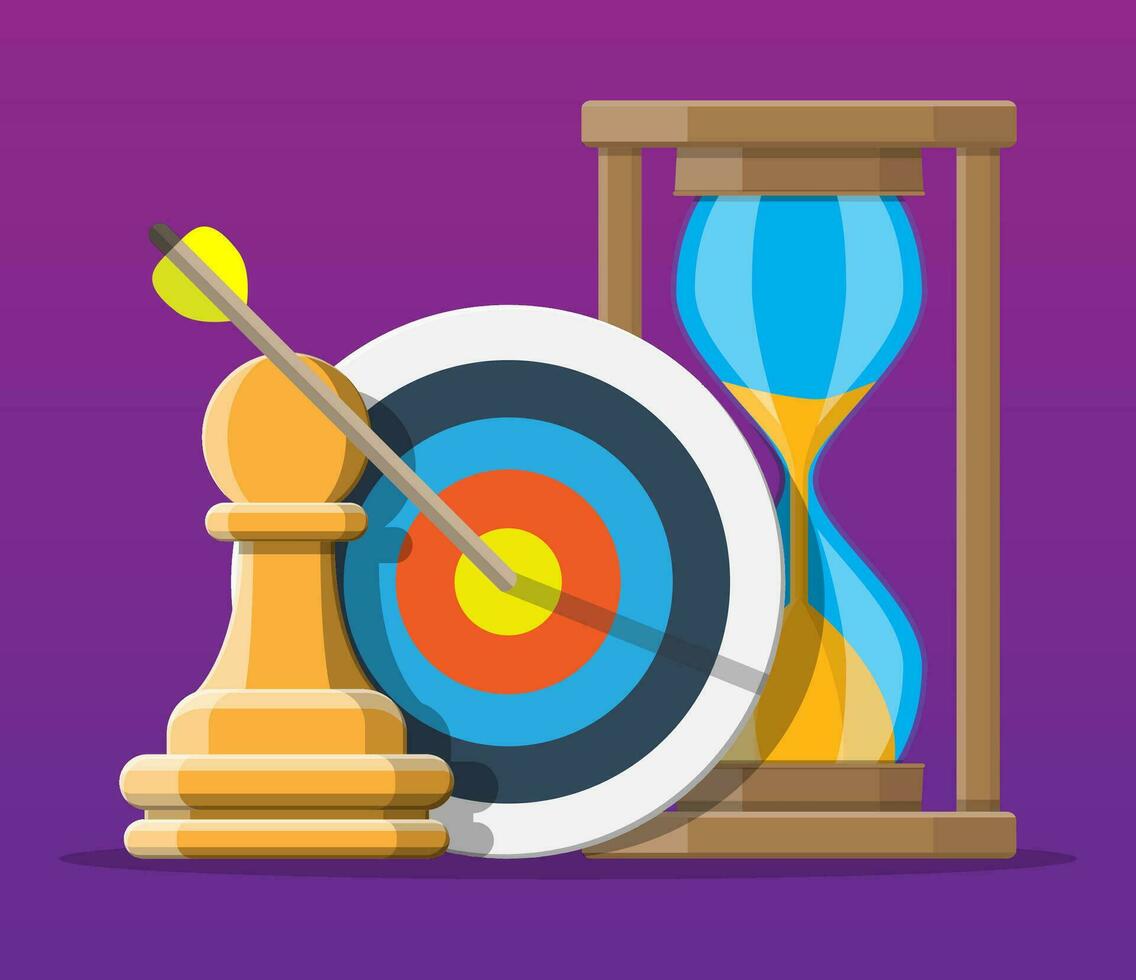 Business plan and strategy. Pawn chess figure, target with arrow and clocks. Goal setting. Smart goal. Business target concept. Achievement and success. Vector illustration in flat style
