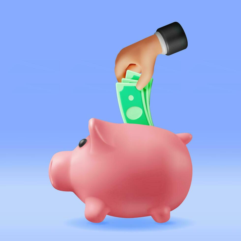 3D Piggy Bank with Dollars in Hand Isolated. Render Plastic Piggy Bank for Money. Moneybox in Form of Pig. Concept of Cash Money, Business Deposit Investment, Financial Savings. Vector Illustration