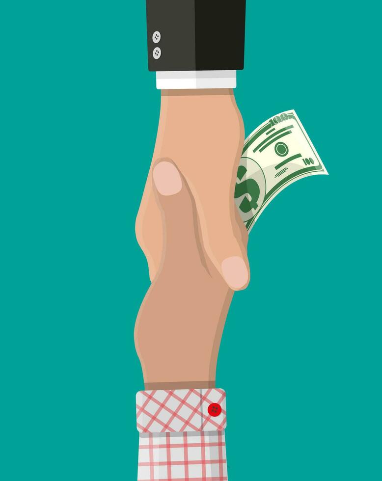 Hand giving money to other hand. Handshake. Hidden wages, salaries black payments, tax evasion, bribe. Anti corruption concept. Vector illustration in flat style