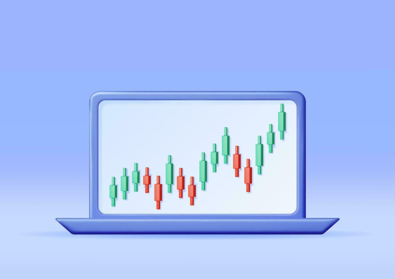 3D Growth Stock Diagram on Laptop Computer. Render Stock Candle on Monitor Shows Growth or Success. Financial Item, Business Investment, Financial Market Trade. Money and Banking. Vector Illustration
