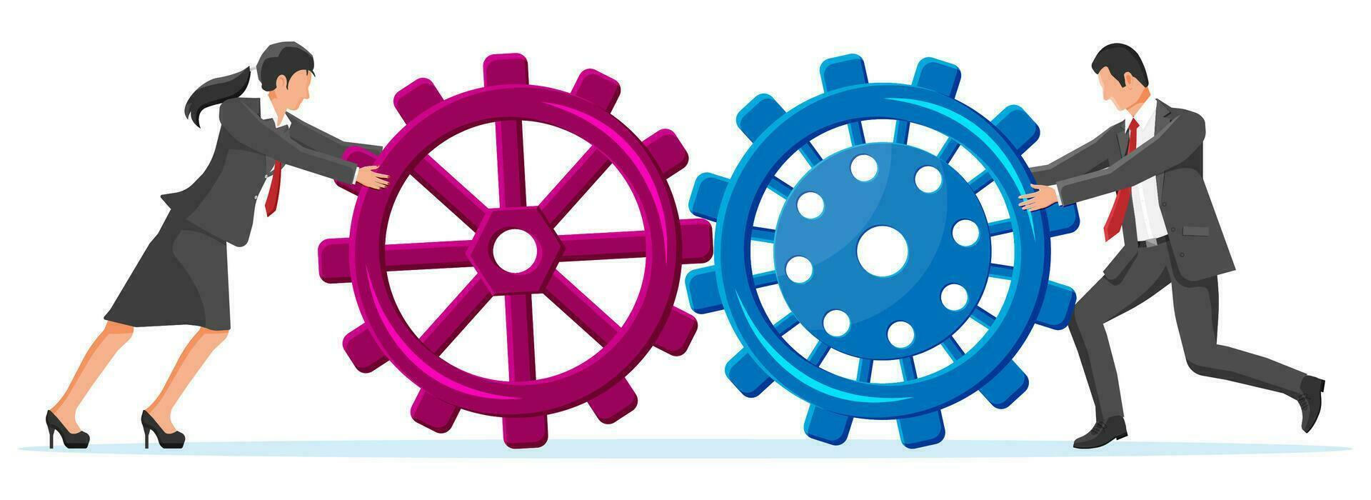 Businessman and businesswoman joining two gears together. Business team and teamwork concept. Partnership, business, cooperation, collaboration and management. Flat vector illustration