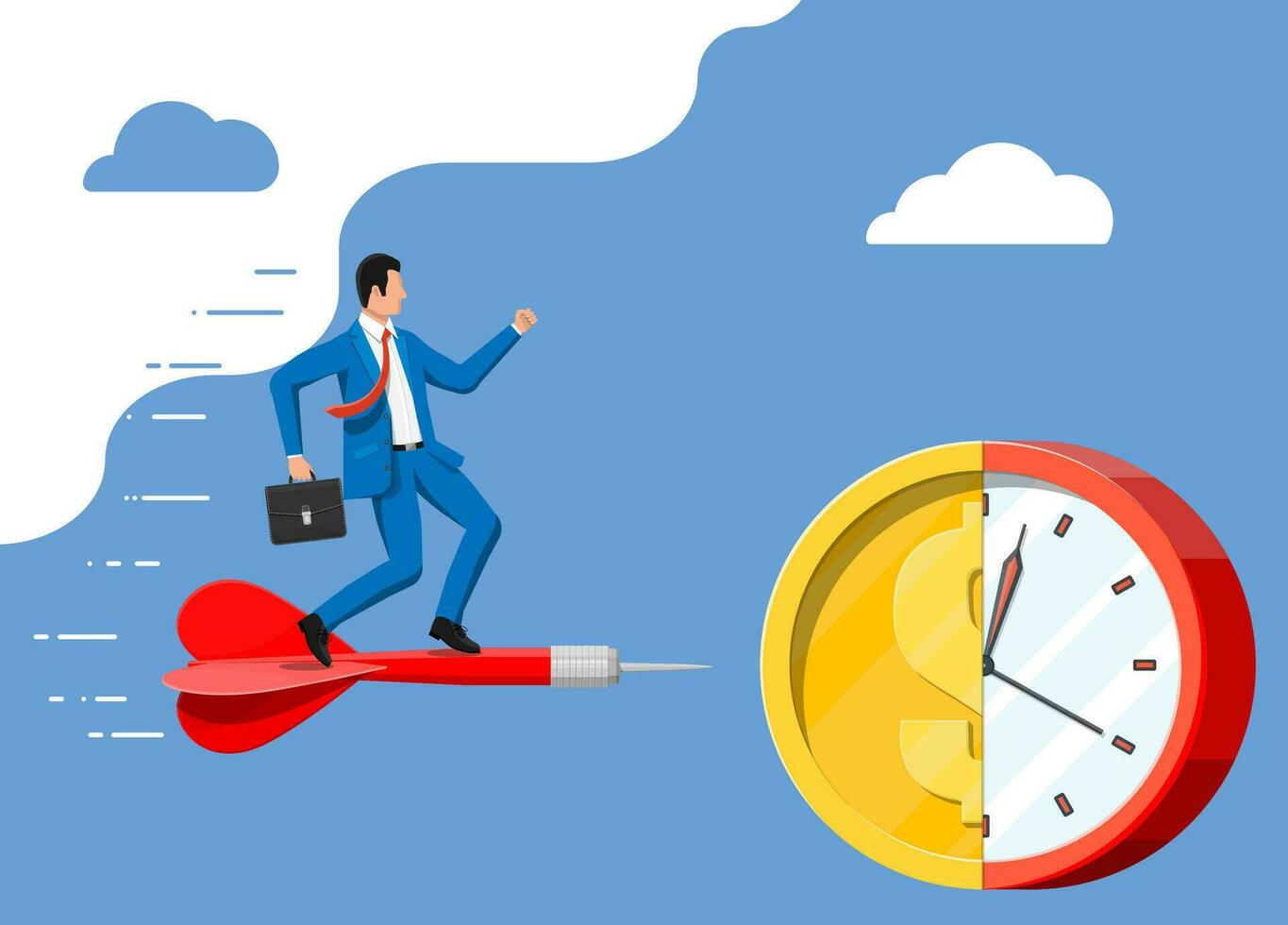 Businessman aim dart to gold coin clocks target. Goal setting. Smart goal. Business target concept. Achievement and success. Time is money. Vector illustration in flat style