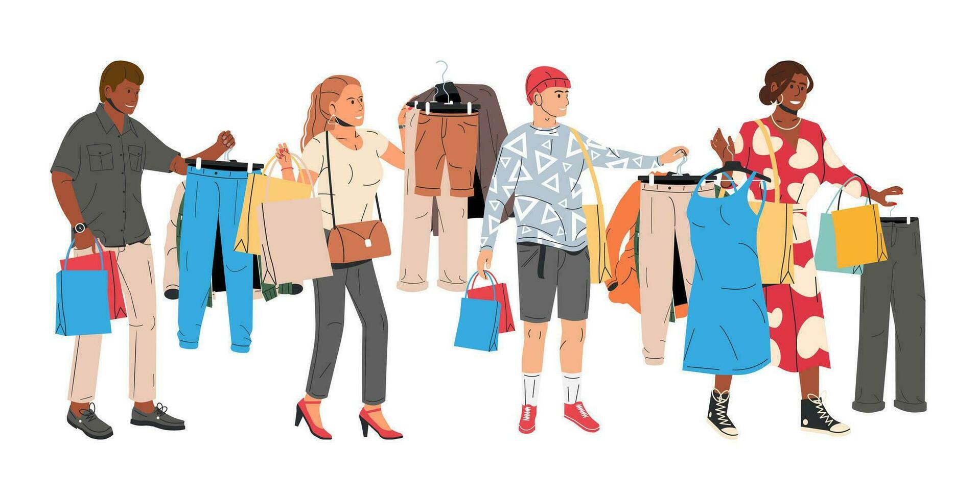 de moda Pareja participación paquetes con ropa. africano americano mujer y caucásico hombre después compras. elegante personas en de moda ropa. hembra y masculino caracteres. plano vector ilustración