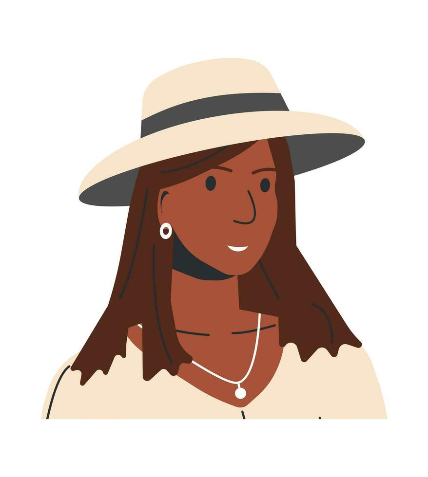 mujer en verano ropa y sombrero aislado. moderno niña en de moda casual atuendo. contento hembra personaje vistiendo Moda verano vestido, Panamá. dibujos animados plano vector ilustración