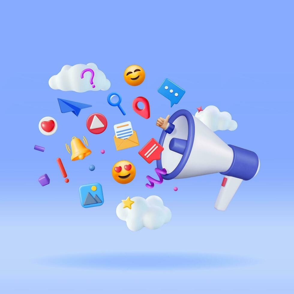 3D Megaphone with Flying Social Media Icons. Render Like, Image, Message and Video Sign and Loudspeaker. Chat, Image, Video Social Network Symbols Concept. Vector Illustration