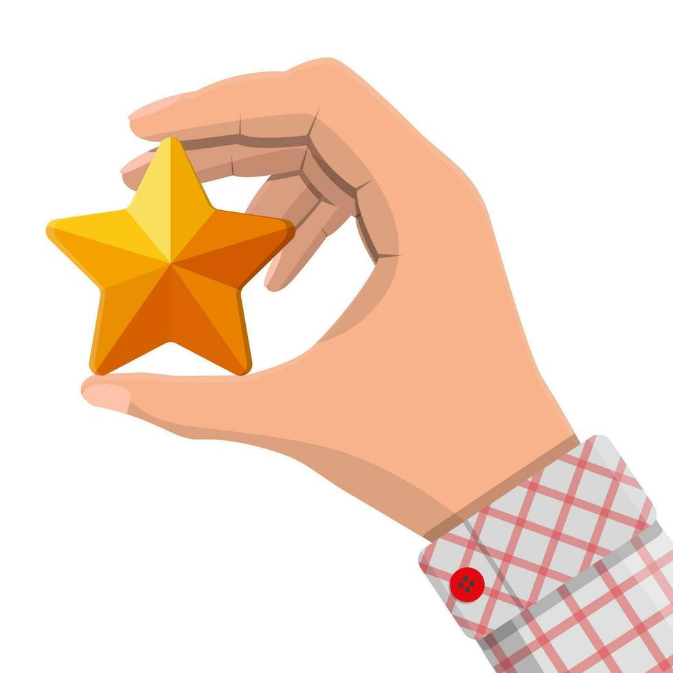 Star shape ornament in hand. Five corner gold star. Symbol of wealth, trophy or prize. Vector illustration in flat style