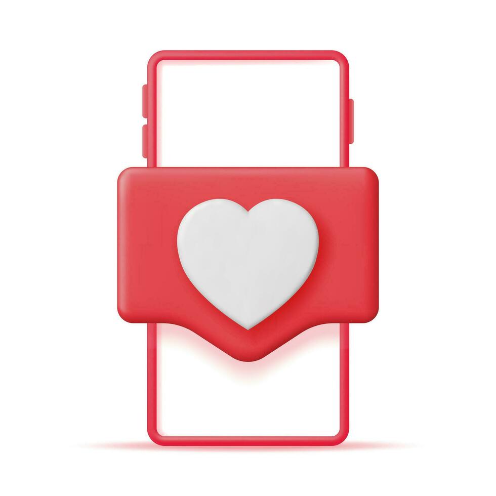 3D Like Icon with Heart and Smartphone Isolated. Social Media Notification Button. Love Like Symbol in Square Pin. Rendering Chat Balloon Pin. Social Network Media App. Realistic Vector Illustration
