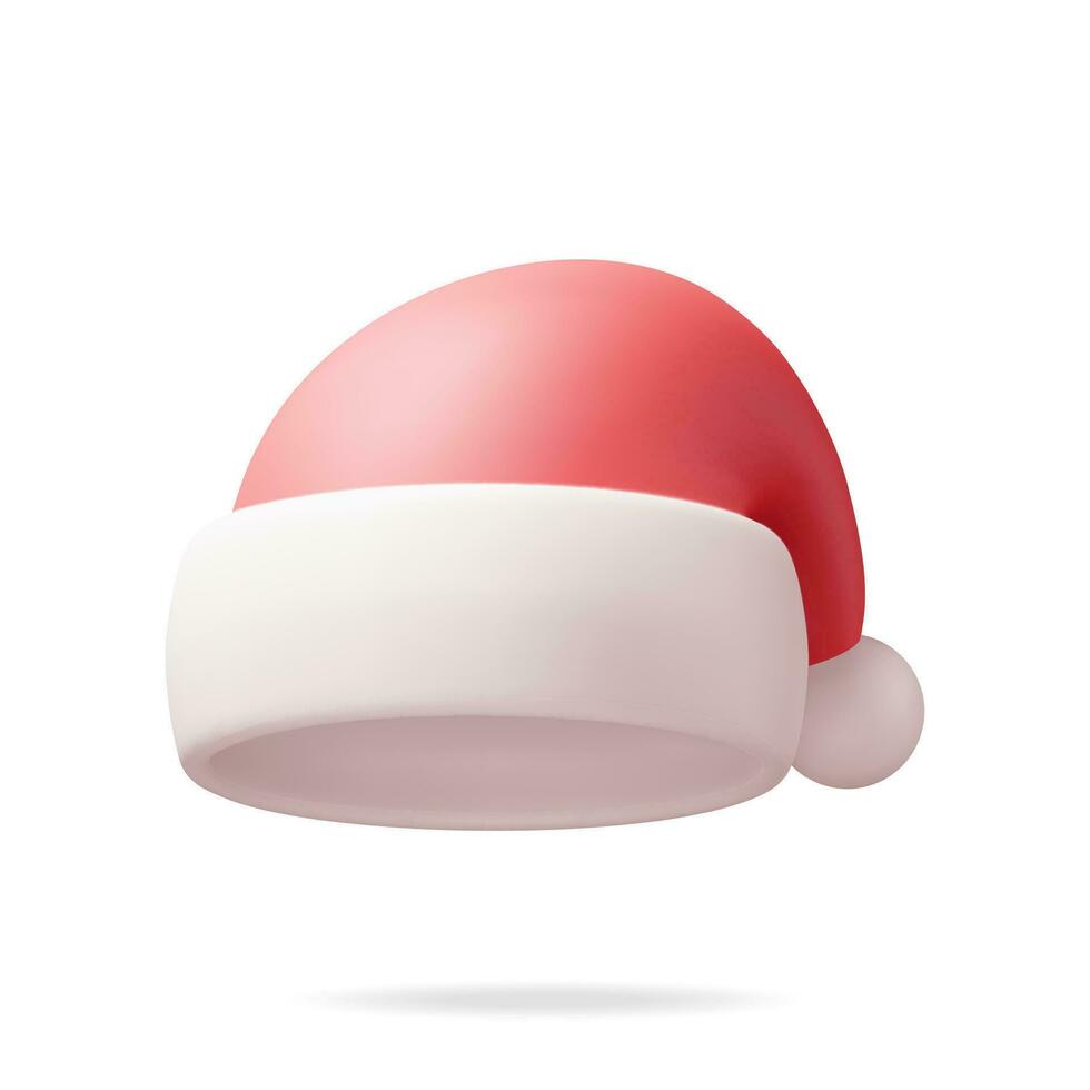3D Red Santa Claus Hat Isolated on White. Render Hat with Fur and Pompon. Happy New Year Decoration. Merry Christmas Clothes Holiday. New Year and Xmas Celebration. Realistic Vector Illustration